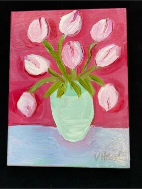 Pink Tulips In A Green Vase an Acrylic  Original Painting  12”x9”Canvas